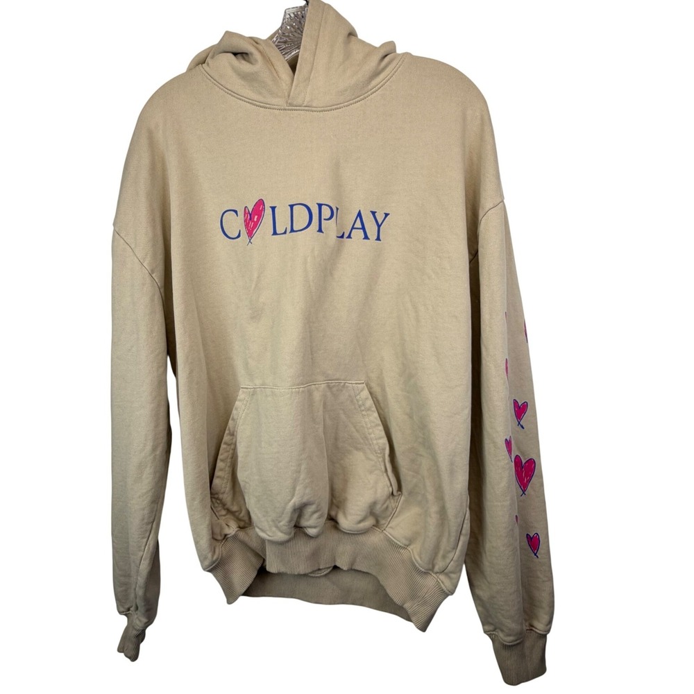Coldplay Moon Music Hoodie 100% Cotton Tan Heart Sleeve Graphic Merch Size M